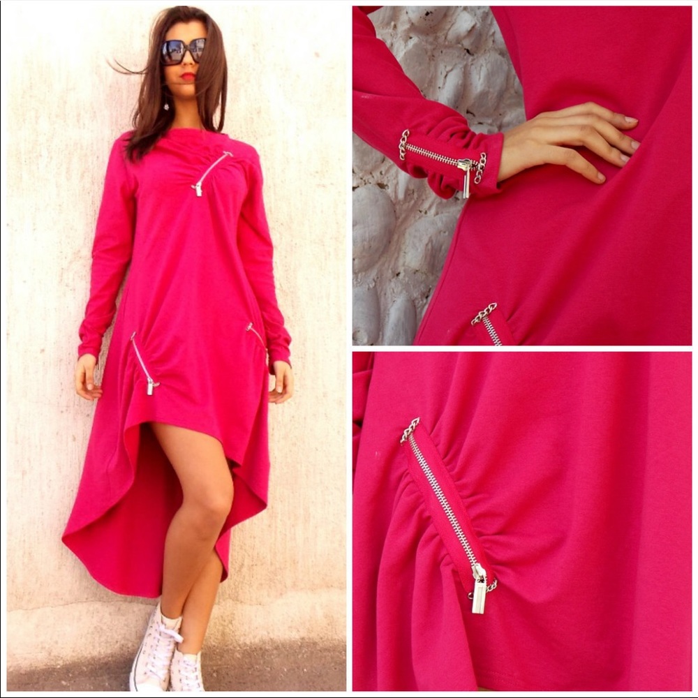 NWOT Couture zippers hot pink hi-low dress. Bold. unique. Edgy. Different cool.